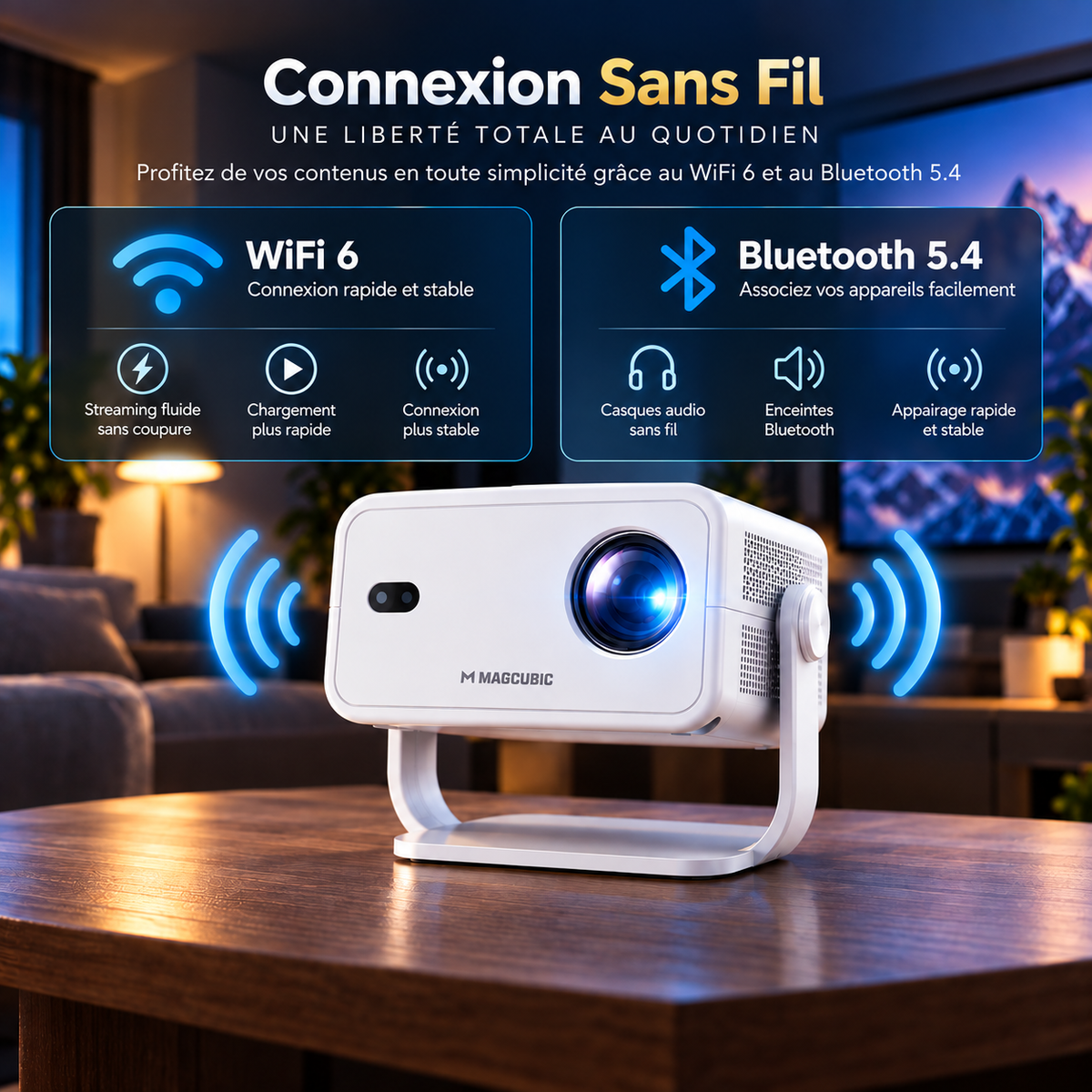 Vidéoprojecteur 360° Android 14 WiFi, Bluetooth, Dolby Audio