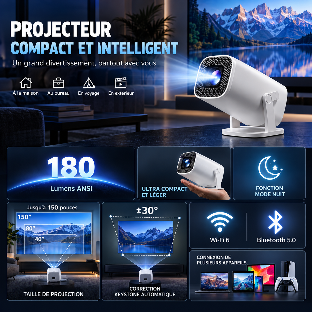 Mini Vidéoprojecteur 4K HD – Android 14, Wi-Fi 6 & 4K