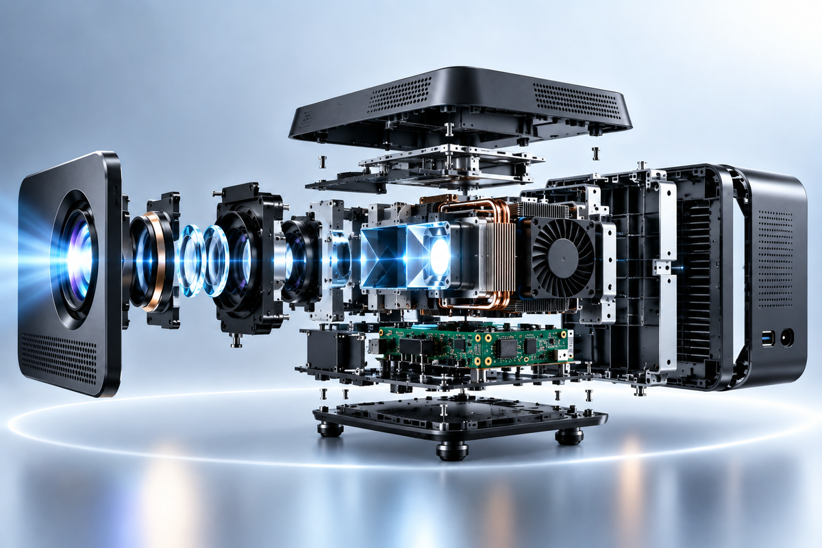 Vue éclatée d'un vidéoprojecteur : optique, source lumineuse et refroidissement