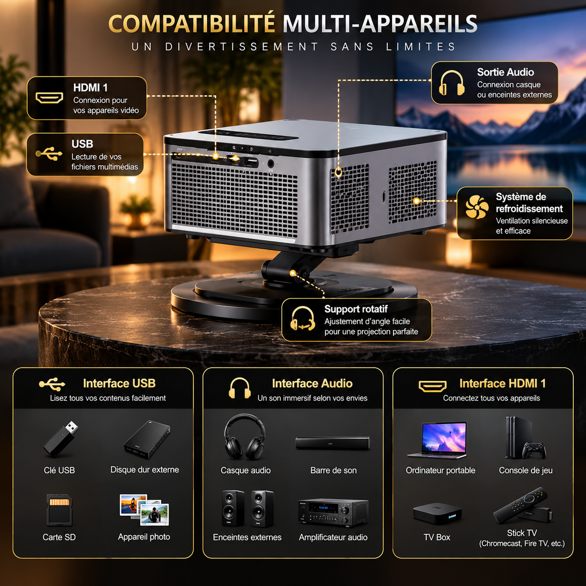Vidéoprojecteur 4K Google TV Autofocus Laser WiFi, Bluetooth, Dolby Audio