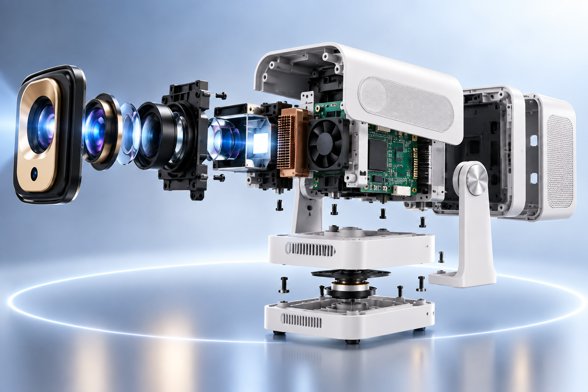 Vue éclatée d'un vidéoprojecteur compact : objectif, module optique et ventilation
