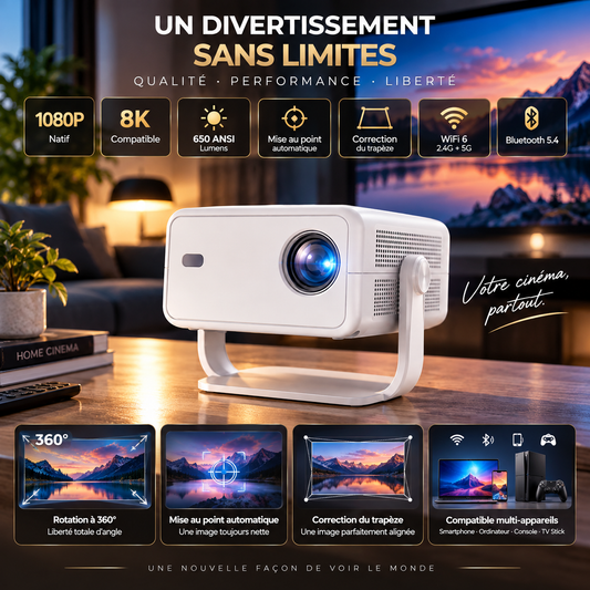 Vidéoprojecteur 360° Android 14 WiFi, Bluetooth, Dolby Audio