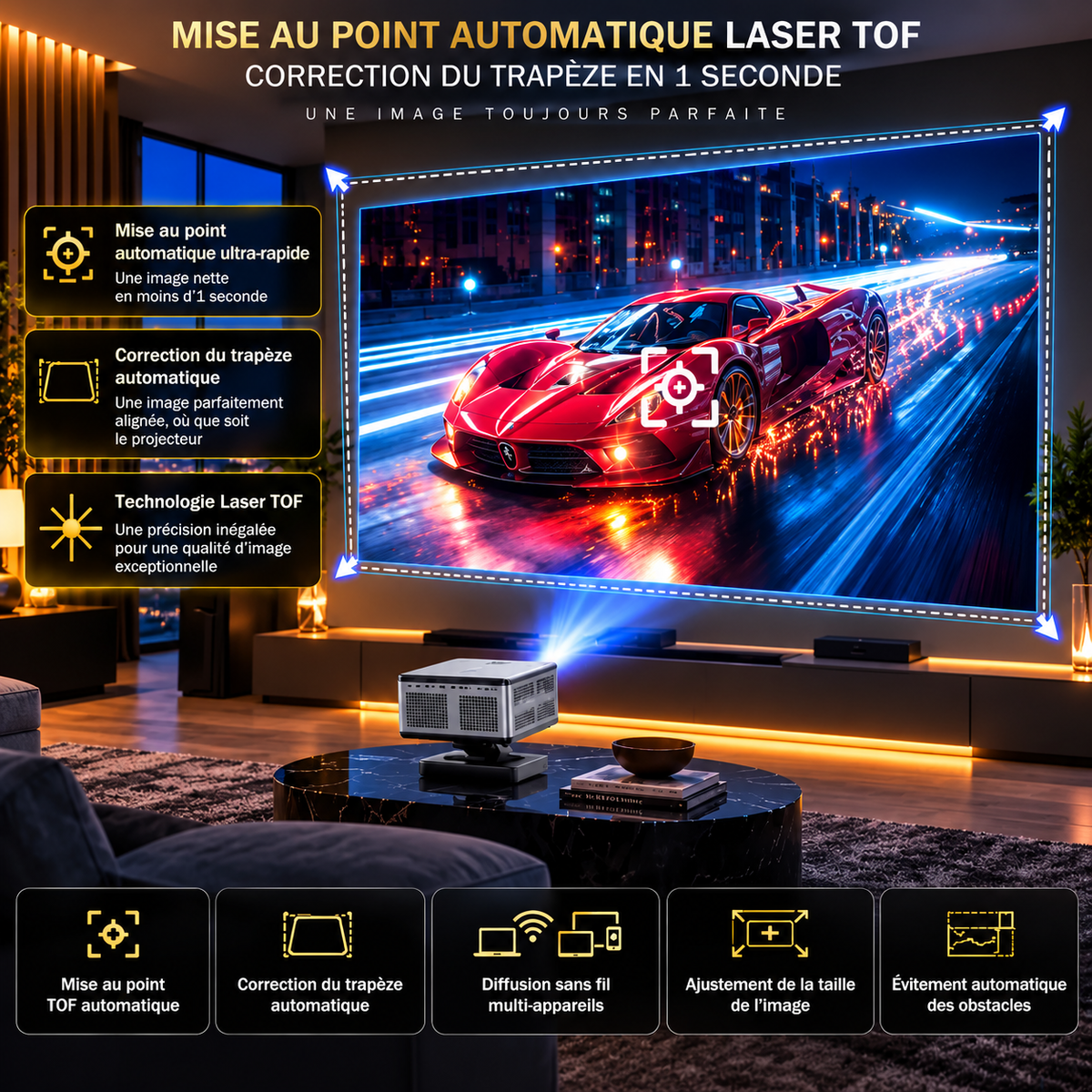 Vidéoprojecteur 4K Google TV Autofocus Laser WiFi, Bluetooth, Dolby Audio